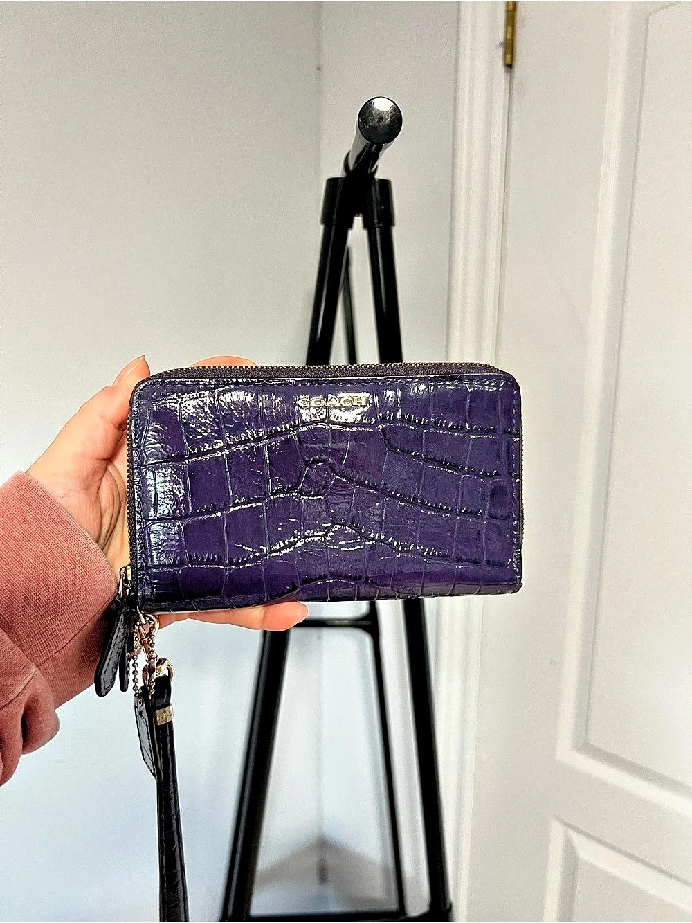 Coach Purple Croc Embossed Patent Leather Zip Around Wallet Wristlet